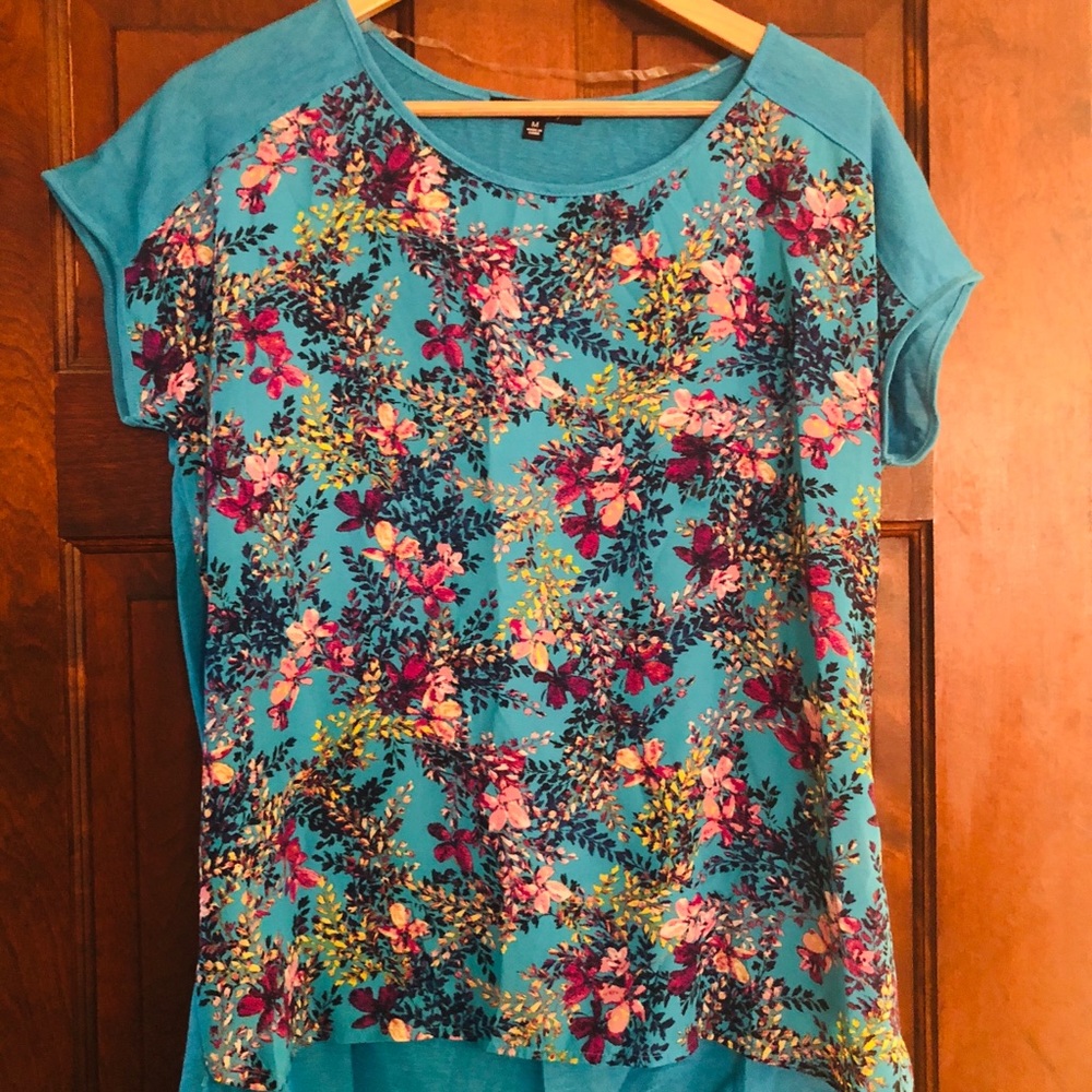 Turquoise and purple floral print knit blouse